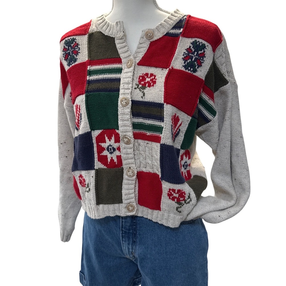 Vintage 90s Liz Sport Patchwork Cardigan Sweater Small Petite Cottagecore Cotton